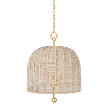 A beige pendant light with a rope-wrapped shade and a vintage gold leaf stem.